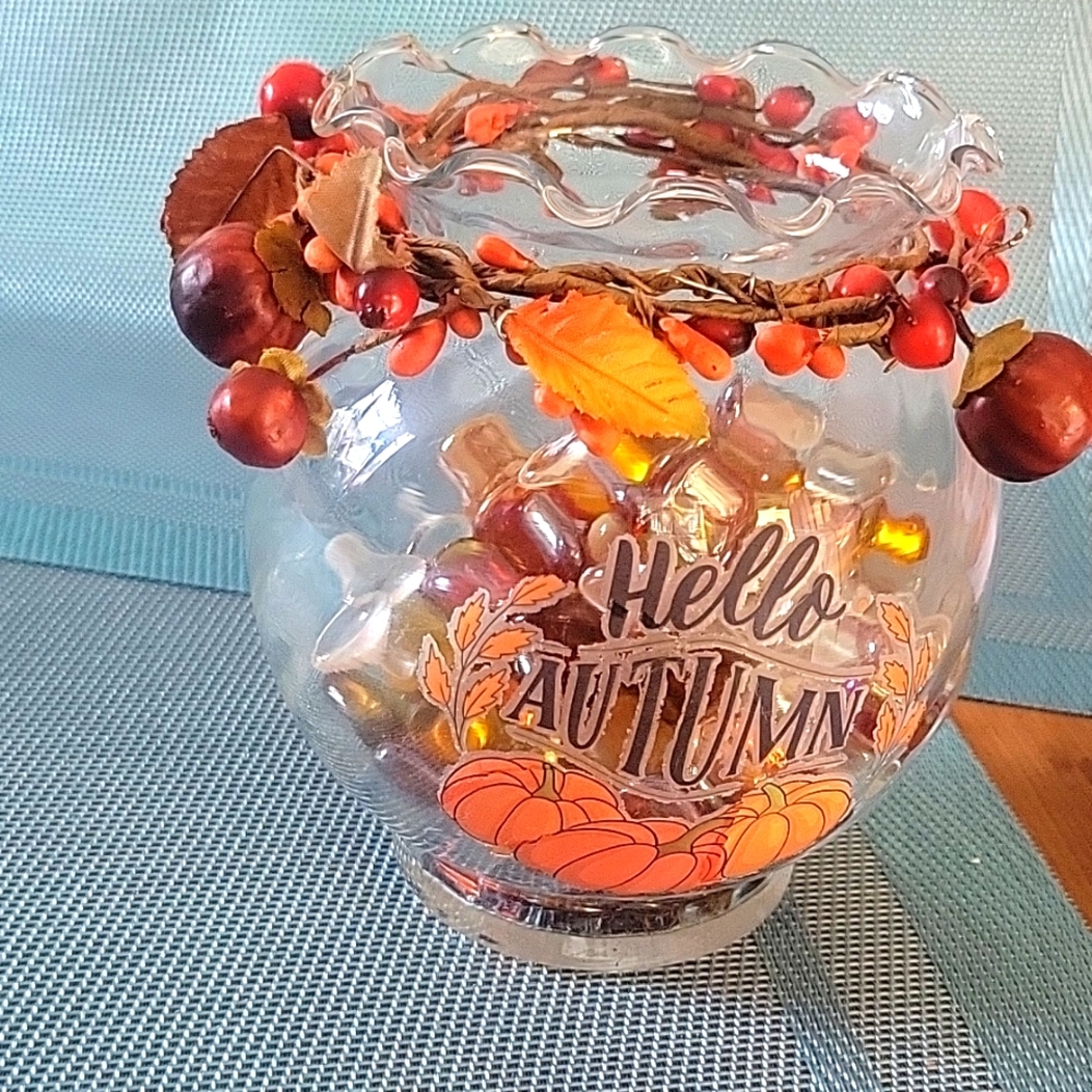 Vintage Indiana Glass ivy bowl w optic crystal hello autumn decorative bowl
